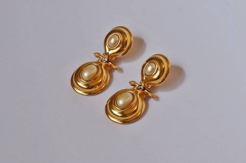 Fendi earrings pearl gilt frame, triple signed, 1980`s, Italian